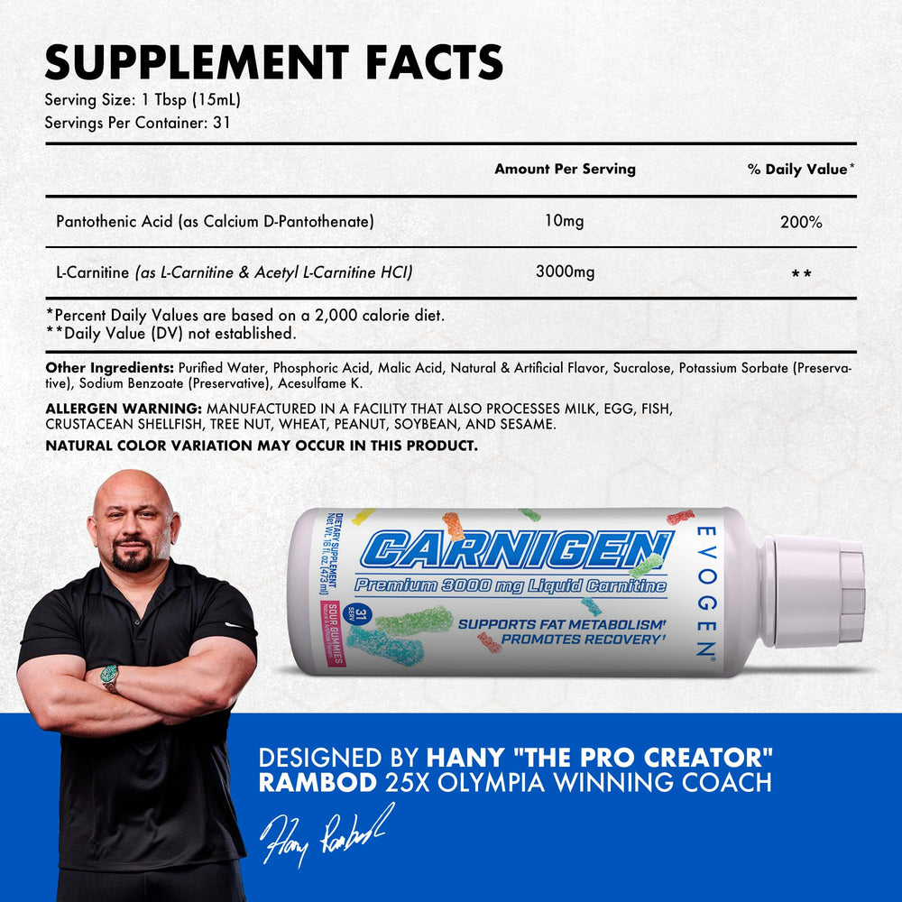 Evogen Carnigen Liquid ingredients panel with pantothenic acid and vitamin B6.