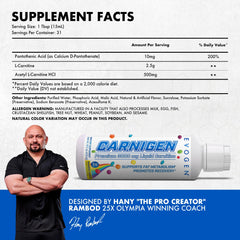 Evogen Carnigen Liquid label detail highlights L-Carnitine 3000 matrix and vitamin blend.