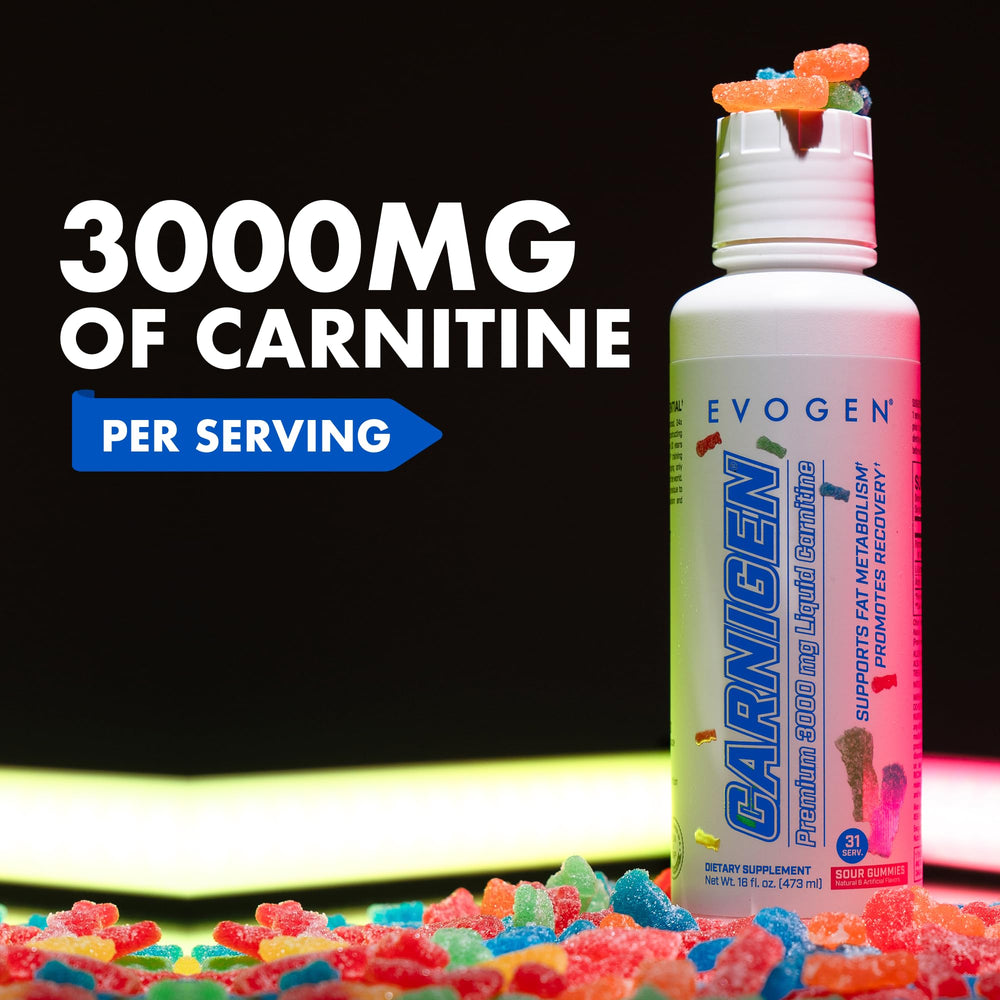 Evogen Carnigen Liquid sour gummies flavor displayed for easy daily use.