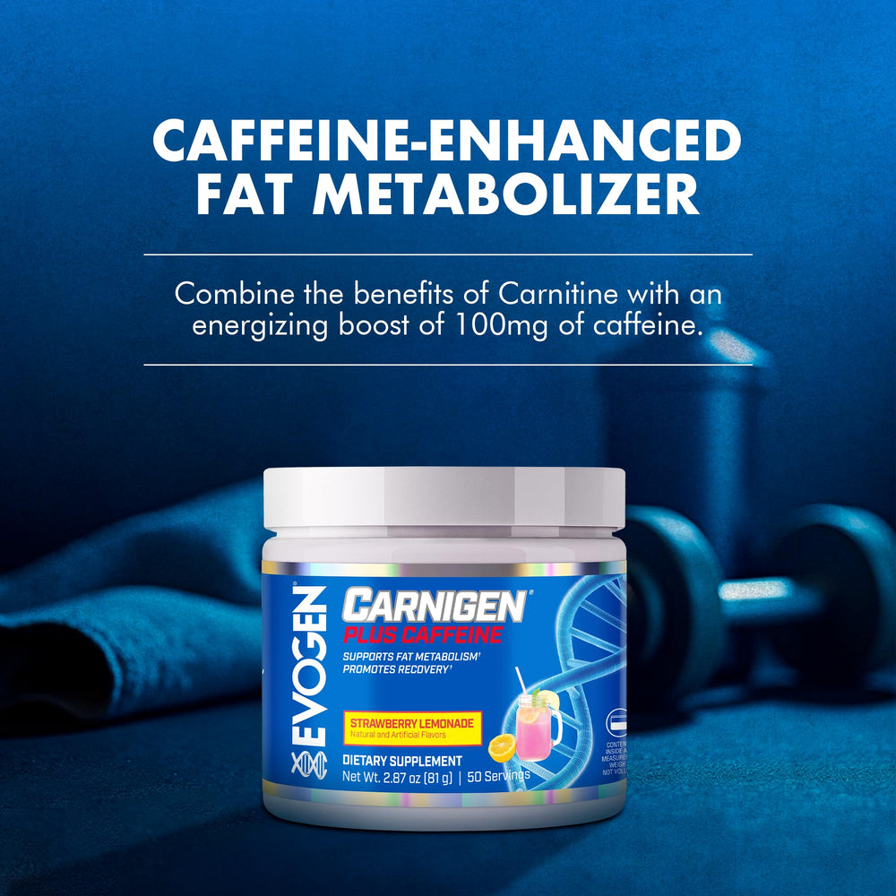 Evogen Carnigen Plus Caffeine strawberry-lemonade serving highlighting flavor and energy use
