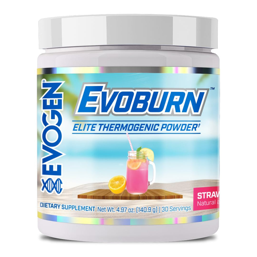Evogen Evoburn tub front shows sleek packaging suggesting potent fat burning and sustained focus