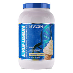 Evogen Evofusion product packaging highlights a premium protein matrix for steady amino acids.