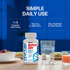 Evogen Super Dry scoop with capsules illustrating convenient dosing