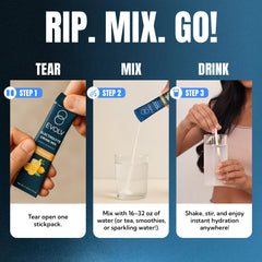 EVOLV Electrolytes packet dissolving in water for instant hydration.