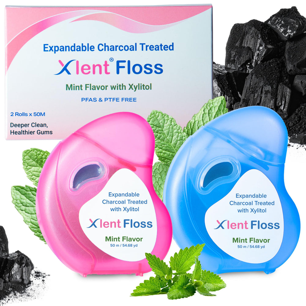 Expandable charcoal dental floss mint flavor 50m container (1st) showing packaging