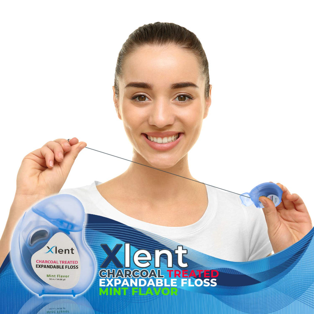 Close-up of expandable floss expanding between teeth