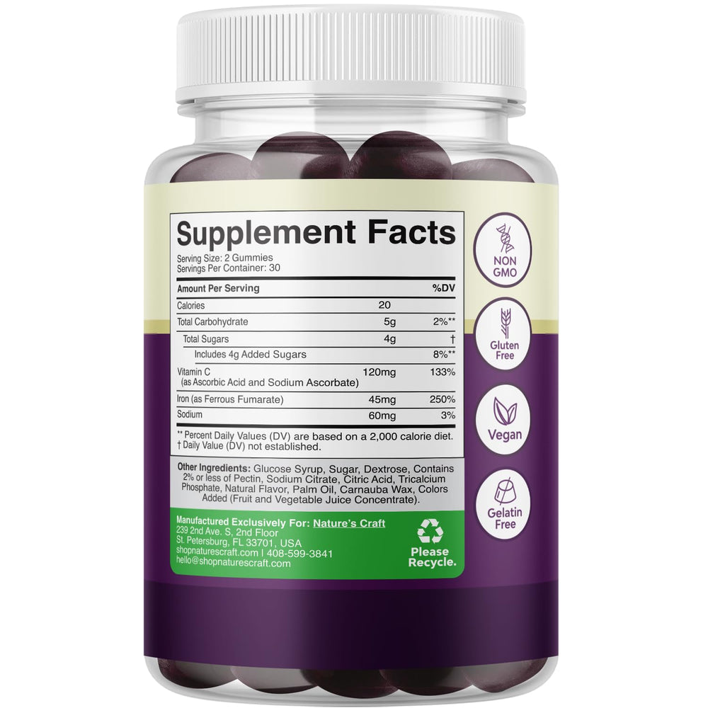 Label showing 45mg iron with vitamin C for absorption