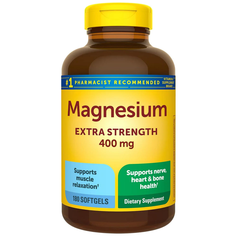 Front view of Extra Strength Magnesium 400mg softgels bottle