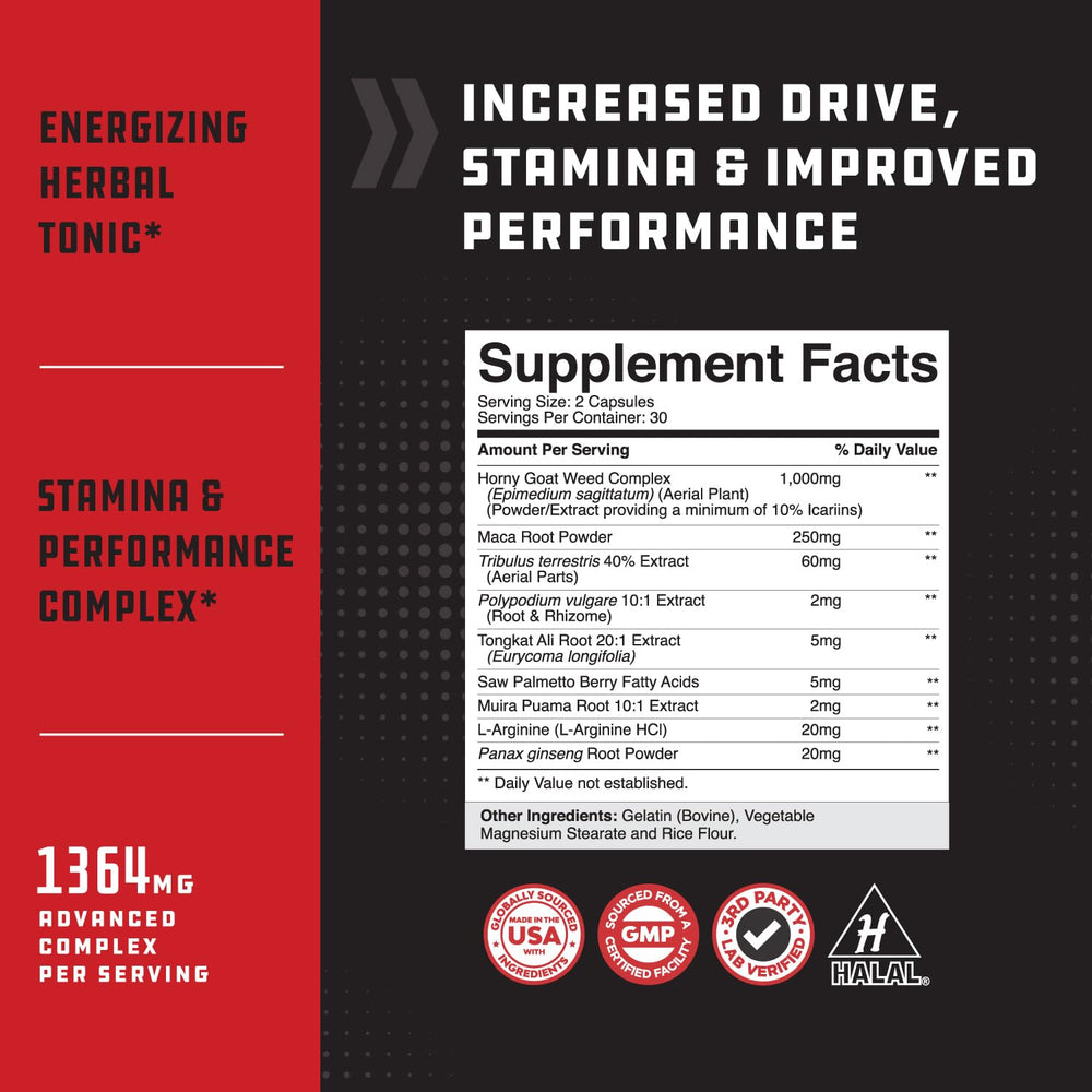 Label of natural testosterone supplement with herbal ingredients