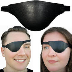 Adult black leather eye patch with adjustable strap - front view