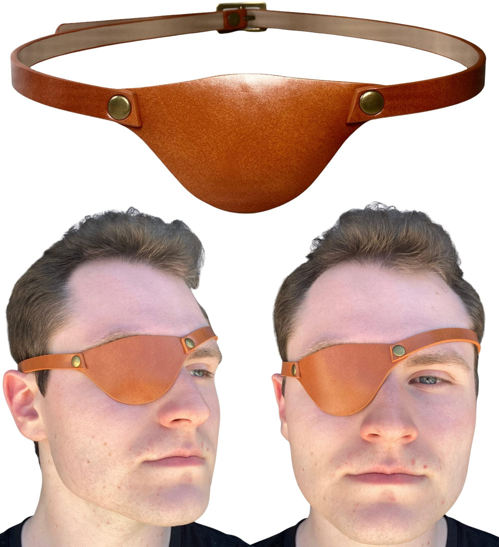 Brown leather eye patch for adults with adjustable strap
