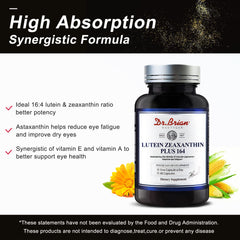 Ingredient breakdown showing lutein, zeaxanthin, astaxanthin, vitamins A and E