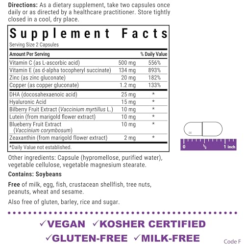Label showing vegan, kosher-certified, gluten-free, and dairy-free Eye Care capsules.