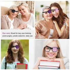 Kids-friendly eye patch in pink and purple with adjustable Velcro