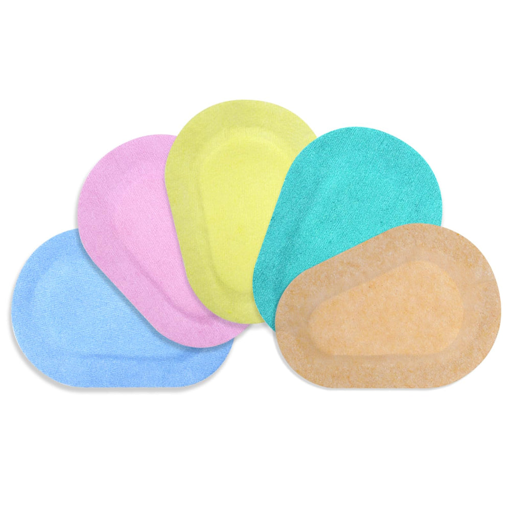 Colorful adhesive eye patches in blue, pink, green, yellow and skin tones.