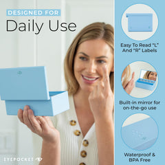 Flip-top lid of EYEPOCKET travel lens case in light blue