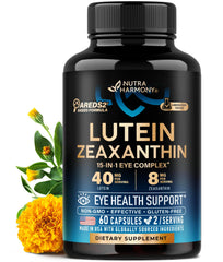 Eye vitamins bottle showing Lutein 40mg and Zeaxanthin 8mg