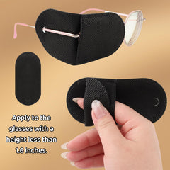 Glasses-style eye patch attached to eyewear for easy use