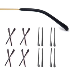 Front view of 8 black and gray silicone eyeglass end tips (4 black, 4 gray).