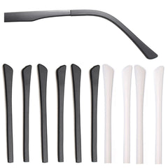 Three black anti-slip silicone eyeglass end tips on display