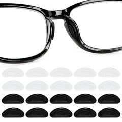 Package includes 10 pairs of clear and black eyeglass nose pads