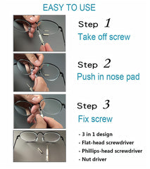 Packaging contents: 5 pairs of nose pads, 5 screws, 1 multifunction screwdriver and small container