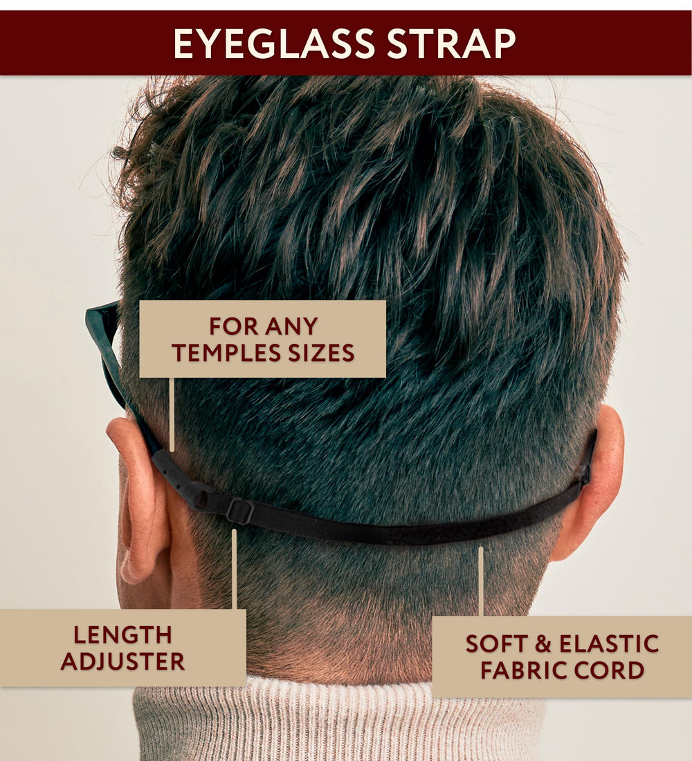 Included accessories: black glasses strap and microfiber cloth
