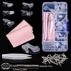 Package contents: 25 silicone nose pads, glasses cloth, screws, screwdriver, tweezers