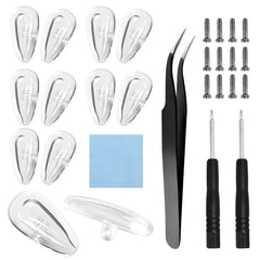 Screw-in silicone eyeglass nose pad kit with 6 pairs, screws, and screwdriver