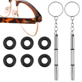 Eyeglass repair kit package with 3 hinge tighteners and 2 screwdrivers