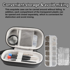 Tweezers and magnifier included in the kit