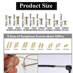 Eight tiny gold eyeglass screws and precision screwdriver bits