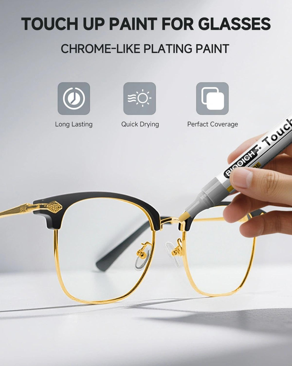 Close-up of repair pen fixing scratches on an eyeglass frame