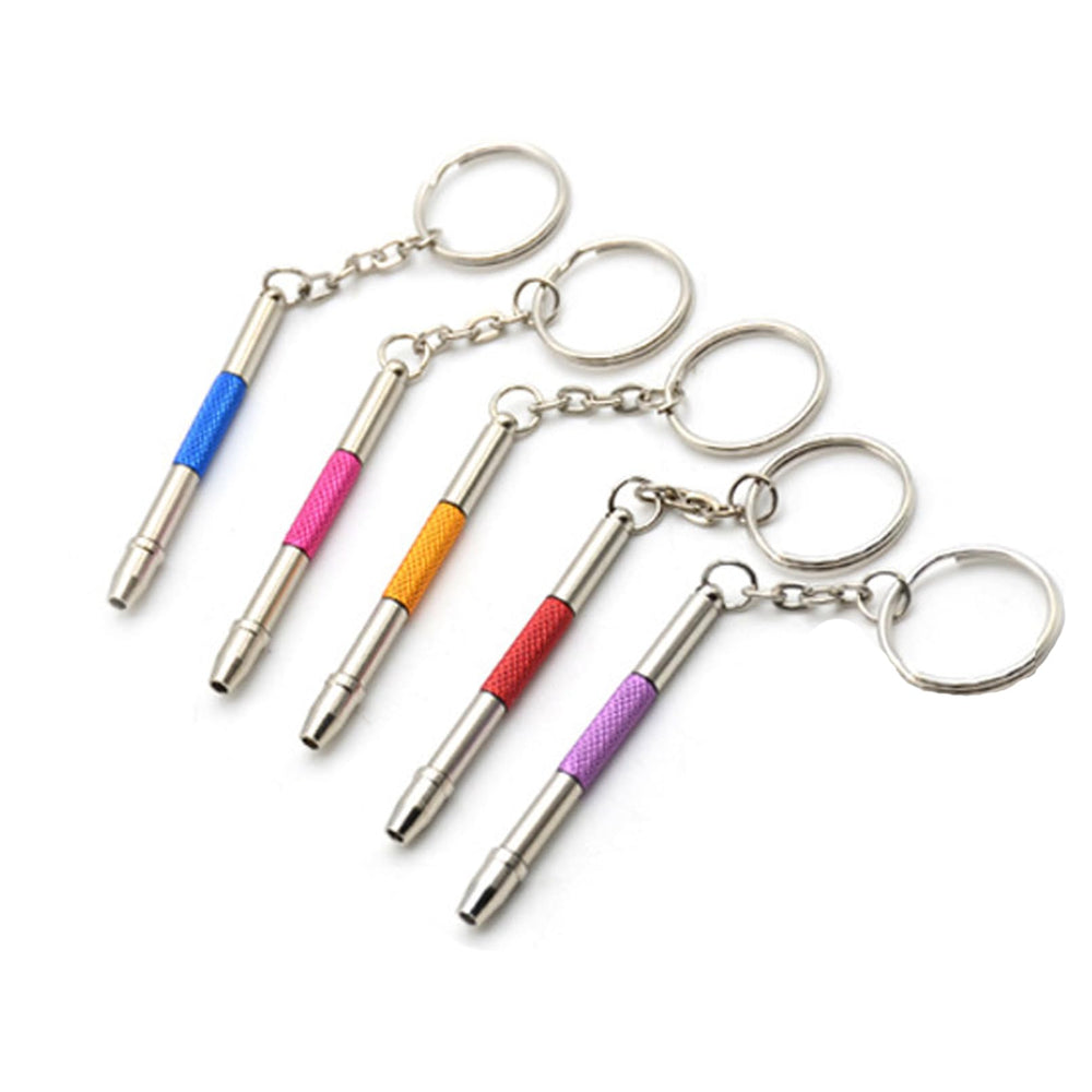 Close-up of eyeglass screwdriver kit on a keychain