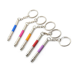 Close-up of eyeglass screwdriver kit on a keychain