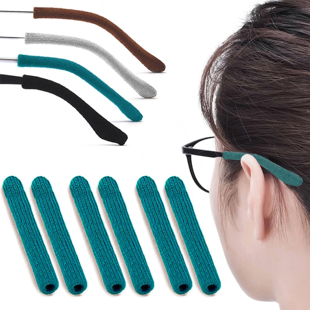 Three pairs of cyan eyeglasses ear grippers made from soft knit cotton for behind-the-ear comfort