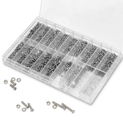 Assorted tiny screws, nuts, washers and rubber nuts in a transparent case