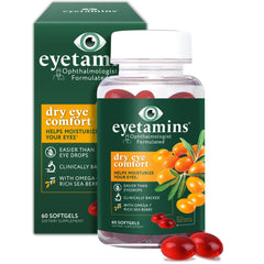 Bottle of Eyetamins Dry Eye Comfort with 60 softgels