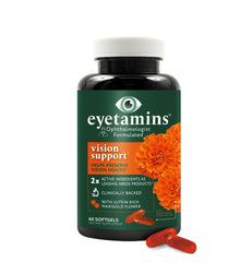 Close-up of eyetamins Vision Support bottle and label
