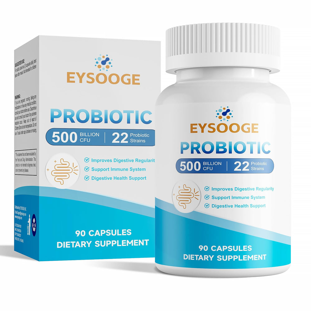 EYSOOGE Probiotics bottle label highlighting 500B CFU and 22 strains