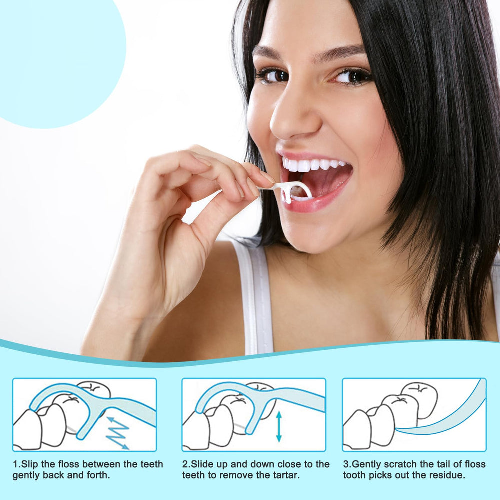 Compact floss picks fit in purse, wallet, or car for on-the-go use