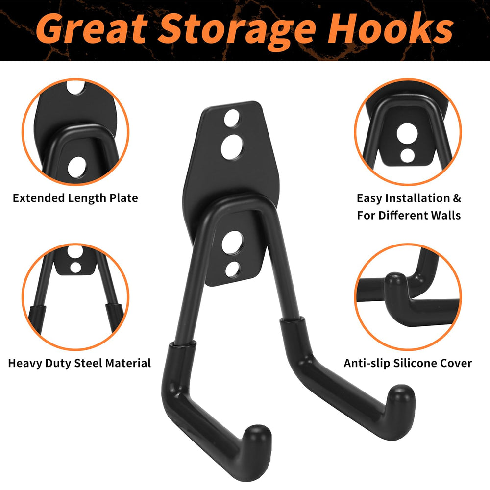 Garage hooks mounted on wall for organized workspace