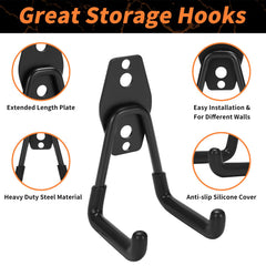 Garage hooks mounted on wall for organized workspace