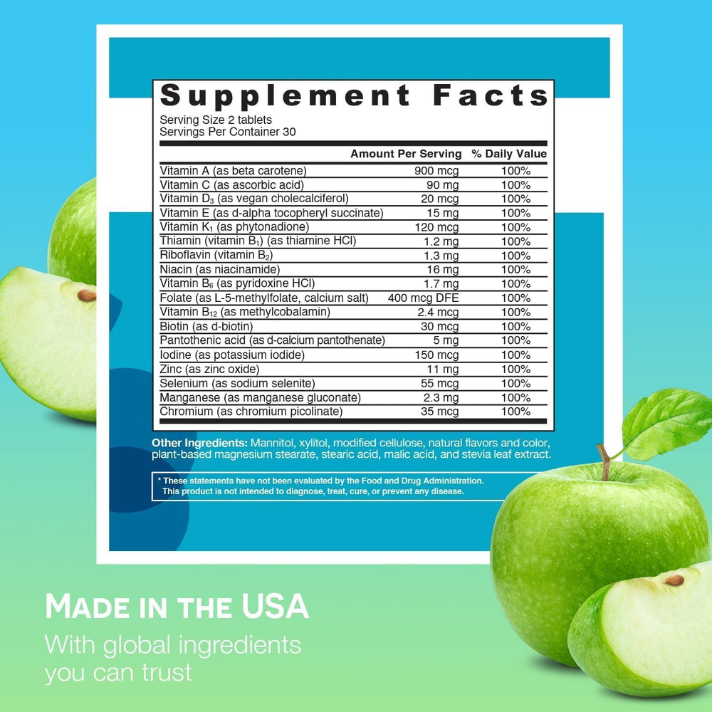 Graphic showing 18 essential nutrients including vitamins A, B6, B12, C, D3 and zinc