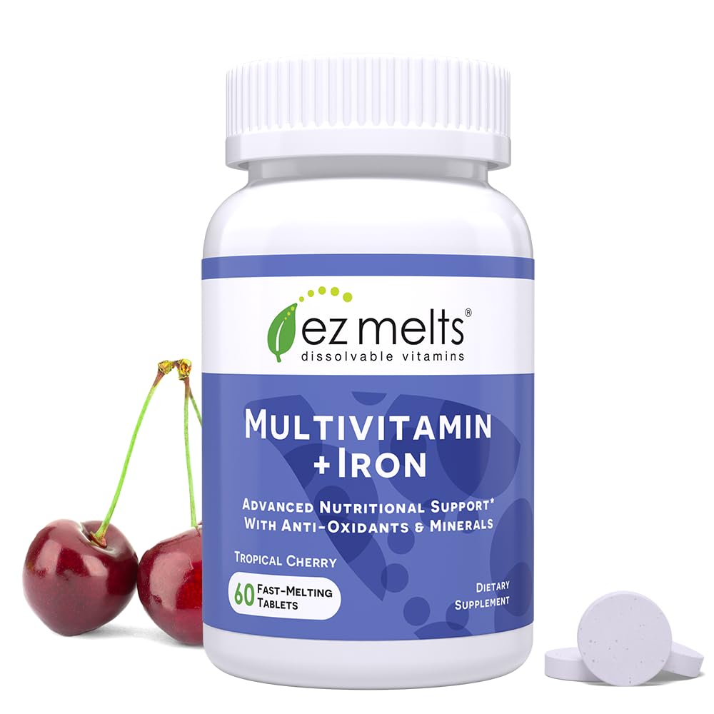 Front packaging of EZ Melts Dissolvable Multivitamin with Iron for women and men