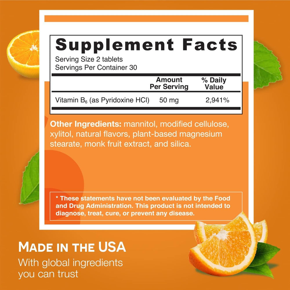 Close-up of orange-flavor dissolvable Vitamin B6 50mg tablets