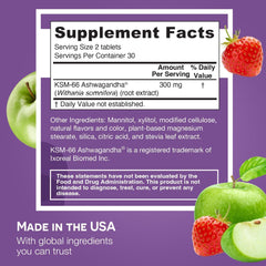 Close-up of dissolvable 300 mg ashwagandha tablets in Apple Berry flavor