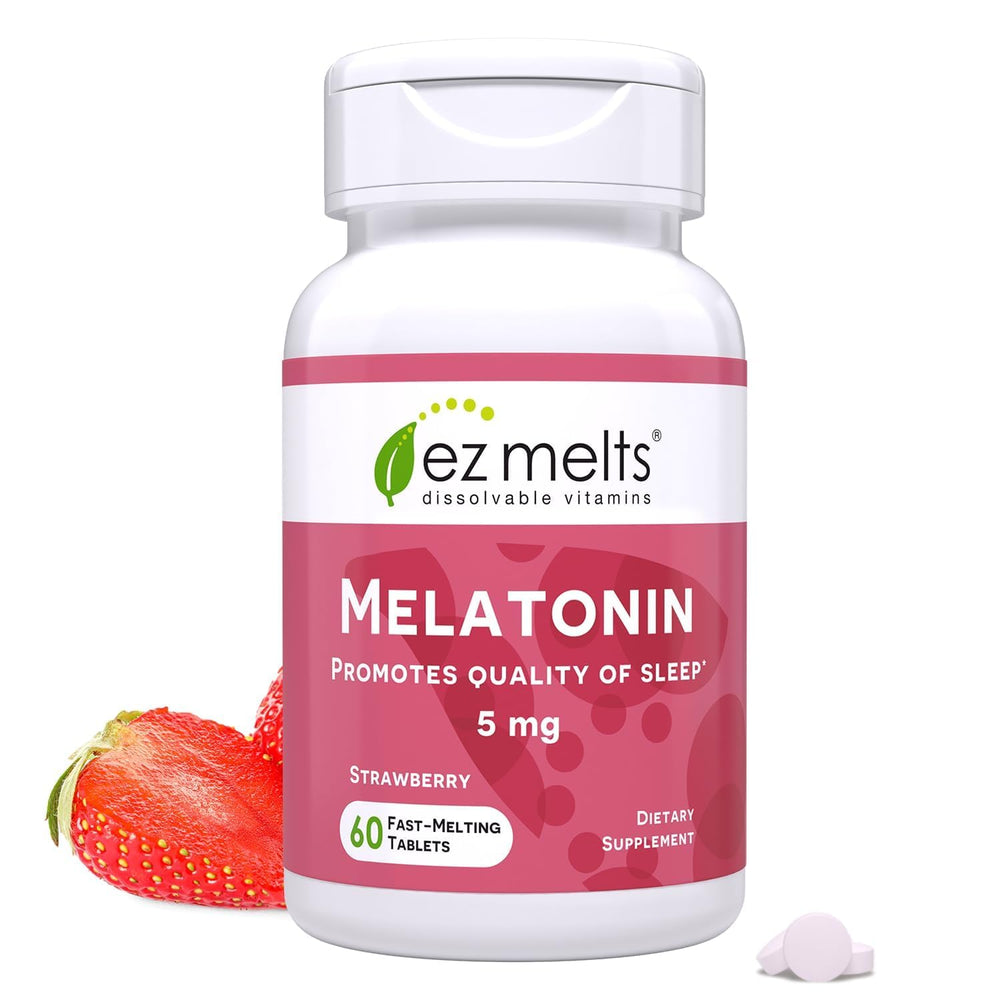 Front view of EZ Melts Dissolvable Melatonin 5 mg strawberry flavor 1-pack