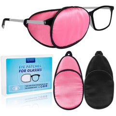 eZAKKA eye patch for adults in peach pink and black over glasses