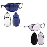 Two-tone purple and white eye patch set designed to be worn over glasses
